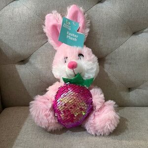 Easter Plush Fuzzy Pink & White Easter Bunny w/Sequin Carrot